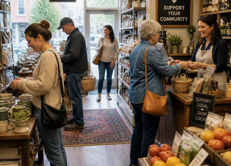 A diverse group of people shopping in a local store, browsing products and interacting with staff